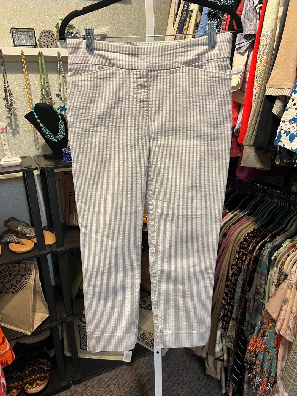 Hilary Radley Striped Seersucker Pants in White and Taupe